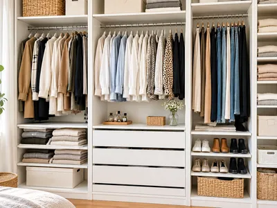 Begehbarer Kleiderschrank mit mehreren Kleiderstangen, offenen Regalfächern, Schubladen und einem eigenen Bereich für Schuhe, übersichtlich nach Farben sortiert