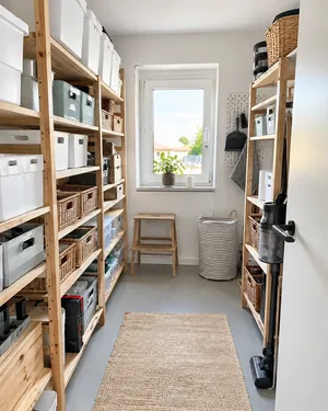 Aufbewahrungsraum mit Holzregalen, beschrifteten Boxen und geflochtenen Körben als Beispiel für durchdachte Stauraum-Lösungen im Haushalt