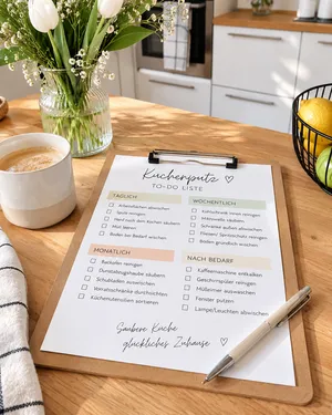 Handgeschriebene Küchenputz-Checkliste auf einem Klemmbrett neben einer Kaffeetasse als Beispiel für praktische Haushalts-Ratgeber