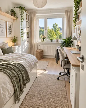 Helles Zimmer mit aufgeräumtem Bett, Schreibtisch und offenen Regalen als Beispiel für raumspezifische Organisationslösungen