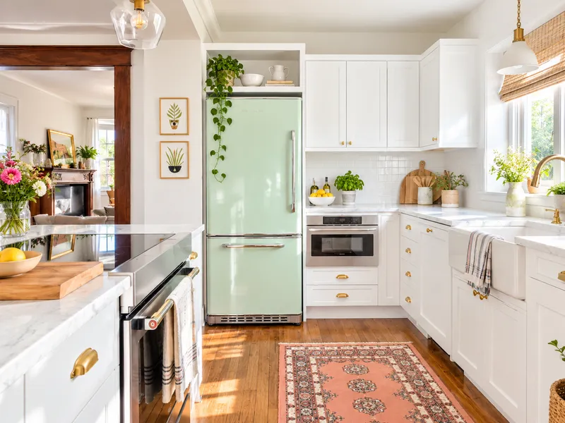 Helle, freundliche Küche mit mintgrünem Retro-Kühlschrank, offenen Regalen und aufgeräumten Arbeitsflächen als Inspiration für durchdachte Haushaltsorganisation