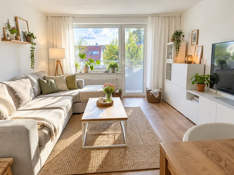 Gemütliches, aufgeräumtes Wohnzimmer mit beigem Ecksofa, offenen Wandregalen und cleverem Stauraum im Sideboard für ein ordentliches Zuhause