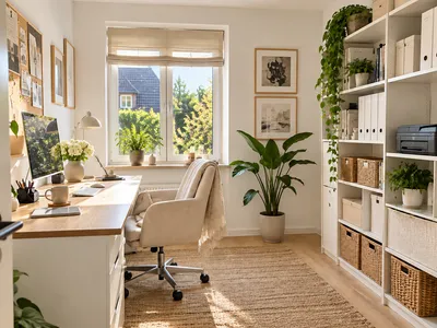 Helles Homeoffice mit aufgeräumtem Schreibtisch, gepolstertem Bürostuhl und offenem Regal mit beschrifteten Ordnern und geflochtenen Aufbewahrungskörben
