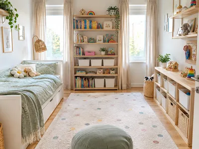Helles Kinderzimmer mit Bücherregal, beschrifteten Aufbewahrungsboxen und einem geflochtenen Korb für Spielzeug, ordentlich organisiert