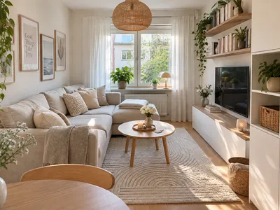 Wohnzimmer organisieren: aufgeräumter Raum mit beigem Ecksofa, rundem Couchtisch, hellem Teppich und offenen Wandregalen mit Büchern und Pflanzen als Einrichtungsidee